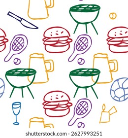 Seamless pattern with barbecue, sports, and beverage icons