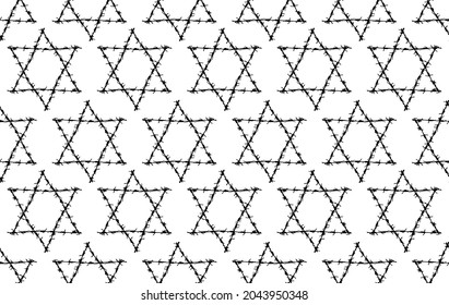 Seamless pattern barbed wire David star. Black grunge israel hebrew icon wallpaper template. Jewish  hanuka symbol on white background. Judaism religion graphic sketch. Vector illustration