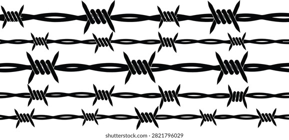 Seamless pattern of barbed wire isolated on white background. Vector illustration of sharp metal wire used for security fencing and prison borders.