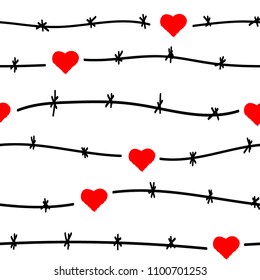 Seamless pattern. Barbed wire. The red heart is locked.