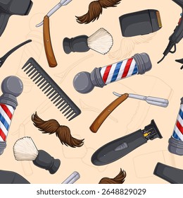 Seamless pattern of barber equipment , cordless trimmer, detangling comb, moustache, razor, barbers pole, shaving brush, alligator hairclip