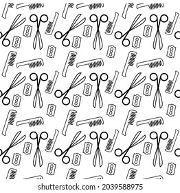 seamless pattern barber shop tool.outline scissors comb razor blade