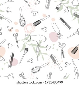 Seamless pattern with barber tools with abstract shapes and twigs.Linear art of hairdressing accessories for templates, business cards, textiles or wrapping paper. Vector illustration