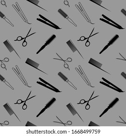 seamless pattern with barber tools on grey background: round comb, hairbrush, scissors and hair iron