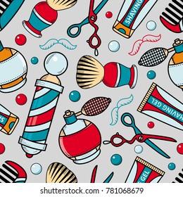 Seamless pattern with barber tools - razor, shaving brush, hair comb, lotion and barbershop pole, cartoon vector illustration on grey background. Seamless pattern, background with barbershop items