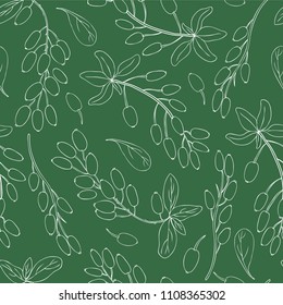 Seamless pattern Barberry hand drawn branch vector sketch isolated on green background, white line art berry, Natural spicy herb, cooking ingredients for design package tea, cosmetic, medicine, fabric