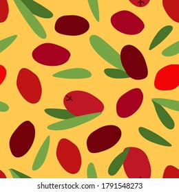 nahtloses Muster mit Barberry und Blättern auf gelbem Hintergrund. rote Beeren. modernes abstraktes Design für Verpackungen, Kleiderdrucke, Gewebe
