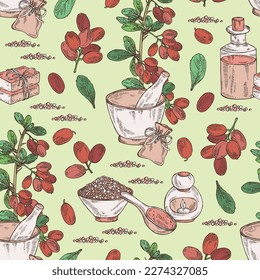 Seamless pattern with barberry: plant, leaves and barberry berries. Berberis. Oil, soap and bath salt . Cosmetics and medical plant. Vector hand drawn illustration