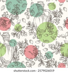 Seamless pattern with barberry: plant, leaves, barberry berries and bottle of barberry oil. Berberis. Vector hand drawn illustration.