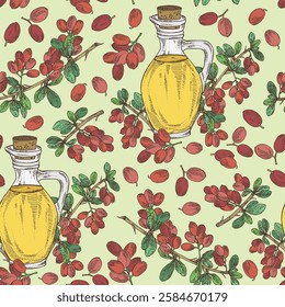 Seamless pattern with barberry: plant, leaves, barberry berries and bottle of barberry oil. Berberis. Vector hand drawn illustration.