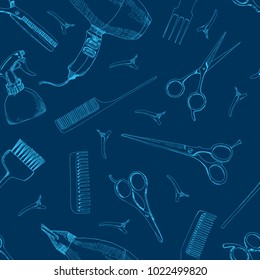 Seamless pattern: the Barber's accessories: scissors, Hairdryer, comb, spray bottle, hair clip and brush. The sketch marker. Vector