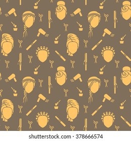 Seamless pattern barbershop 3. Isolated Line Art icons. 6 hairdressing supplies and  4 images.