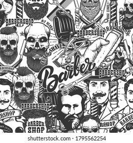 Patrón sin inconvenientes con elementos de diseño de barbería en estilo monocromo. Elemento de diseño para afiche, tarjeta, pancarta. Ilustración del vector