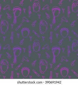Seamless pattern barbershop. Isolated Line Art icons. 6 hairdressing supplies and  4 images.