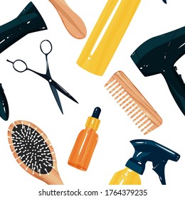 Seamless pattern barbershop supplies vector. Comb, hairbrush, hair dryer, scissors, hair spray and hair oil cartoon flat illustration. Background for salon.