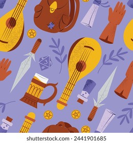 Seamless pattern with Bard RPG character goods, hand drawn vector illustration