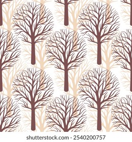 Seamless pattern of bare trees in earthy tones, featuring intricate branch details, perfect for seasonal or natural-themed designs