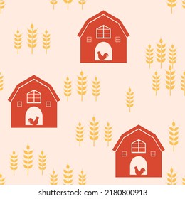 
Seamless pattern with barn house and wheat field on orange background vector illustration.