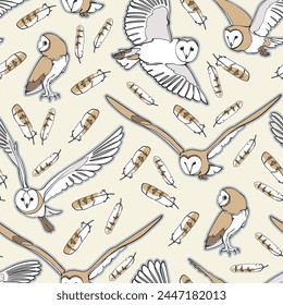 Seamless pattern with barn owls and feathers. Vector illustration.