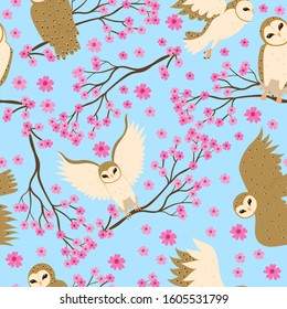 Seamless pattern with barn owls and sakura. Vector graphics.