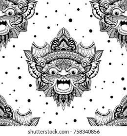 Seamless pattern with barong mask in black and white colors. Hand drawn design for fashion, textile, fabric, wrapping paper, tiles, website wallpaper, background.