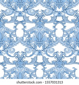 Seamless pattern baroque blue color.Vintage floral  victorian ornamental.