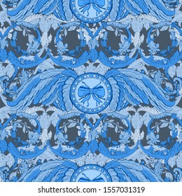 Seamless pattern baroque blue color.Vintage floral  victorian ornamental.