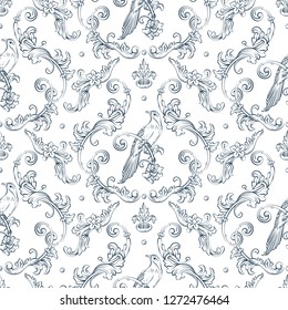 Seamless pattern with baroque damask design, rocco style bird and swirls elements