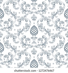 Seamless pattern with baroque damask design, rocco style cone and swirls elements