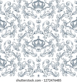 Seamless pattern with baroque damask design, rocco style crown and swirls elements