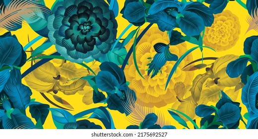 Seamless pattern in baroque floral style. Irises and camellias on a yellow background. It can be used for printing, fabric, textile, manufacturing, wallpapers