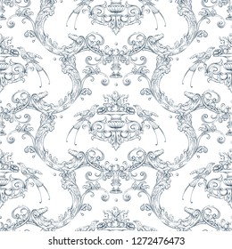 Seamless pattern with baroque luxury decorative elements, rocco style birds, fruits and fashion swirls