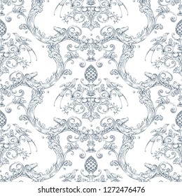 Seamless pattern with baroque luxury decorative elements, rocco style birds, cone and fashion swirls