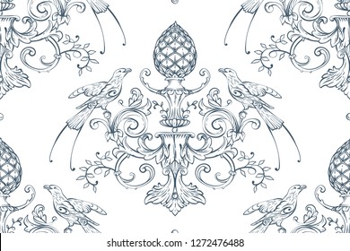 Seamless pattern with baroque luxury decorative elements, rocco style birds, cone and fashion swirls