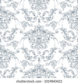 Seamless pattern with baroque, rocco style birds and swirls elements