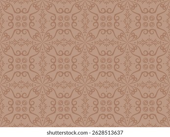 seamless pattern with Baroque or Rococo ornamentation. Elegant beige background with swirls and scrolls for textiles, wallpaper, and packaging.