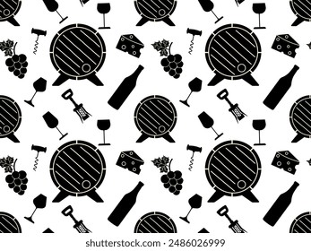 Seamless pattern with barrel, wine, corkscrew, cheese and glasses. Winemaking business vector illustration isolated on white background. Suitable for printing, textiles, wrapping paper