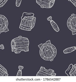 Seamless pattern with barrel, wooden opener and craft beer mug with foam for retro bar design