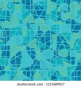 Seamless pattern. At the base of the texture lie the punched squares broken into multi-colored pieces. Camouflage style. Above the picture there is a mesh network consisting of dissected rectangles.