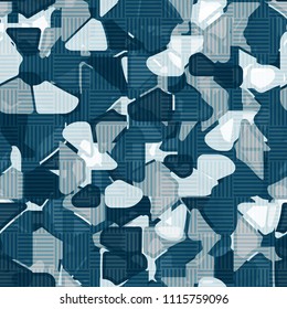 Seamless pattern. At the base of the texture lie the punched squares broken into multi-colored pieces. Camouflage style. The chess network of semitransparent sections is superimposed on the picture.