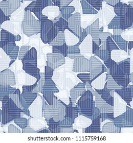 Seamless pattern. At the base of the texture lie the punched squares broken into multi-colored pieces. Camouflage style. The chess network of semitransparent sections is superimposed on the picture.