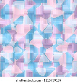 Seamless pattern. At the base of the texture lie the punched squares broken into multi-colored pieces. Camouflage style. The chess network of semitransparent sections is superimposed on the picture.