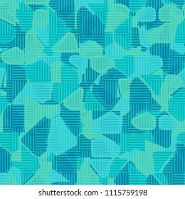 Seamless pattern. At the base of the texture lie the punched squares broken into multi-colored pieces. Camouflage style. The chess network of semitransparent sections is superimposed on the picture.