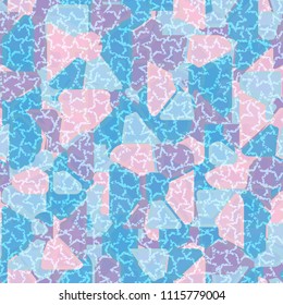 Seamless pattern. At the base of the texture lie the punched squares broken into multi-colored pieces. A network of chaotically scattered damaged five-pointed stars is superimposed on the picture.