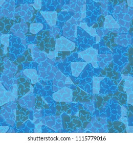 Seamless pattern. At the base of the texture lie the punched squares broken into multi-colored pieces. A network of chaotically scattered damaged five-pointed stars is superimposed on the picture.