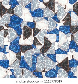 Seamless pattern. At the base of the texture lie the punched squares broken into multi-colored pieces. A network of chaotically scattered damaged five-pointed stars is superimposed on the picture.