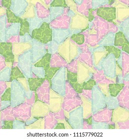 Seamless pattern. At the base of the texture lie the punched squares broken into multi-colored pieces. A network of chaotically scattered damaged five-pointed stars is superimposed on the picture.