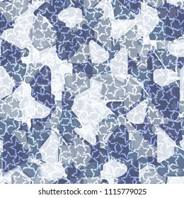 Seamless pattern. At the base of the texture lie the punched squares broken into multi-colored pieces. A network of chaotically scattered damaged five-pointed stars is superimposed on the picture.