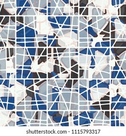 Seamless pattern. At the base of the texture lie the punched squares broken into multi-colored pieces. Camouflage style. Above the picture there is a mesh network consisting of dissected rectangles.