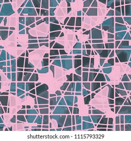 Seamless pattern. At the base of the texture lie the punched squares broken into multi-colored pieces. Camouflage style. Above the picture there is a mesh network consisting of dissected rectangles.